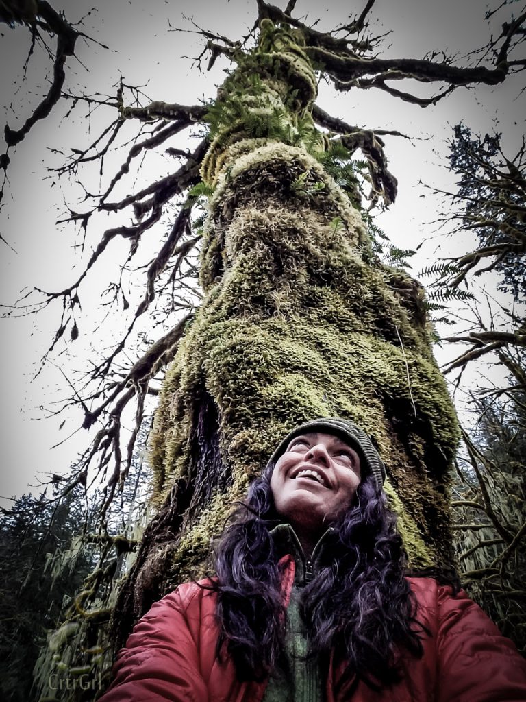 Forgot my physical discomforts when Scott & I discovered an enchanted forest. Moss covered tree & I having a bonding moment near Elk Creek.